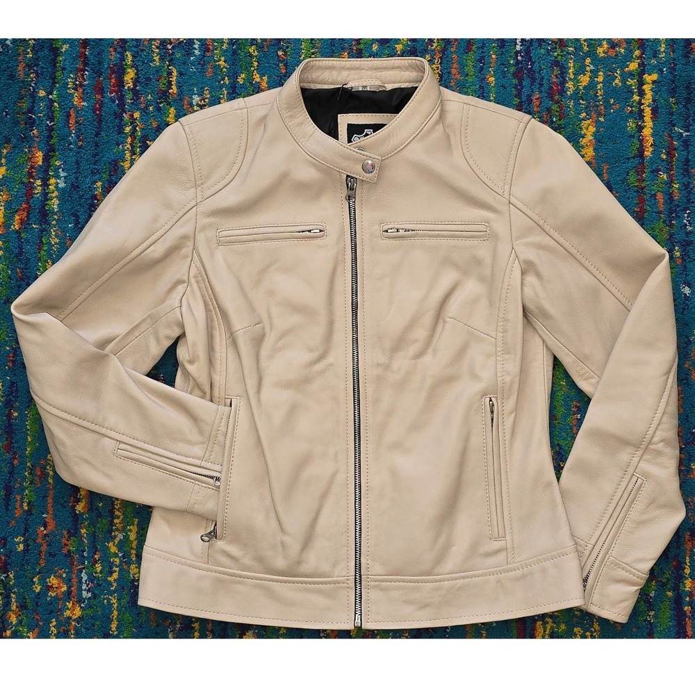 NWT Decrum Dodge Leather Jacket Beige Cafe Racer Moto Women Medium